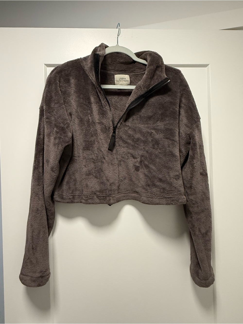 Urban Outfitters Cropped Plush Quarter-Zip Jacket - Brown Taupe